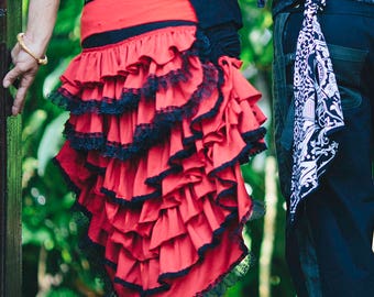 Ruffle Skirt -  Black Red skirt, Skirt for her, Festival Skirt, Steam Punk, Burning Man, Burlesque  Bustle Skirt, SALE ITEM Fancy Frills