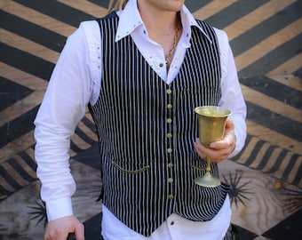 MENS Vest - Black Pinstriped vest, Black Tie Ball Wedding Burning Man Festival Clothing Steampunk Victorian, Formal wear, Dapper vest