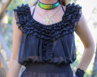 Womens top - Blouse, Chiffon Top, Burning man Clothing, Festival top for her, gift for her, Ruffle shirt, Steampunk Shirt for her, black top