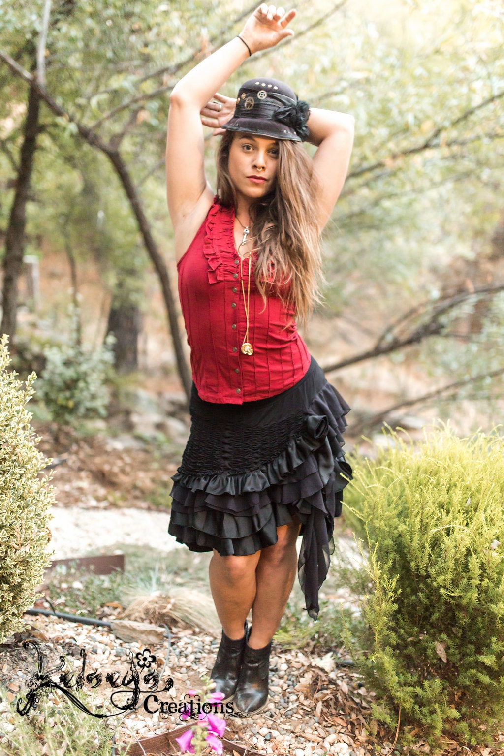 Black skirt and red top hotsell