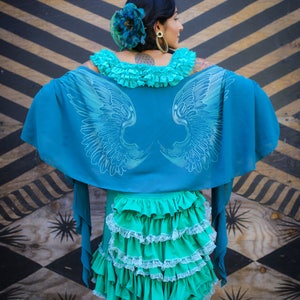 Shawl - Teal, Wrap, Wings Chiffon Burning Man Scarf, Burlesque Dancer Festival Clothing, Boho, Elegant, Gift for Girlfriend, Wing Shawl,