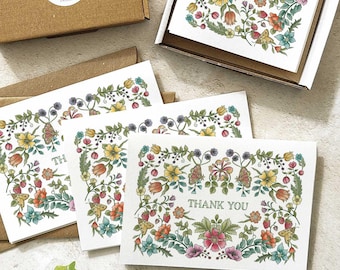 Cartes de remerciement et enveloppes pliées illustrées florales vintage