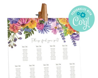 Colourful Flowers Wedding Printable Digital File, Template Design, Wedding Table Plan