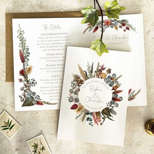 Autumn Dried Flowers Wedding Invitation,  Folded invitation and envelopes