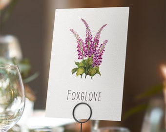 Printable Digital File, Foxglove Table Name Card, A5 Downloadable File to Print Yourself