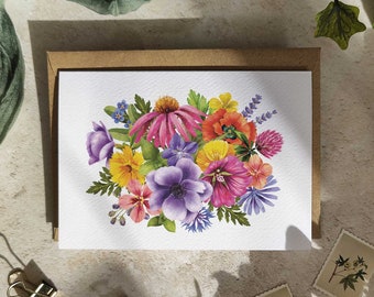 Handmade Blank Cards & Envelopes, Colourful Flowers, White Textured Card