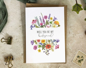 Bridesmaid Cards, Handmade Blank Cards & Envelopes, Colourful Wildflowers, Pencil Crayon floral design