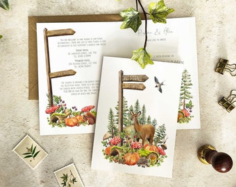 Autumn Woodland Animals Wedding Invitation, Folded invitation and envelopes