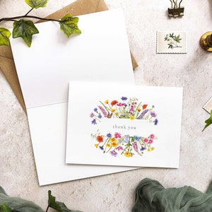 Wildflower watercolor floral folded thank you cards and envelopes for weddings, events and general thank you cards.