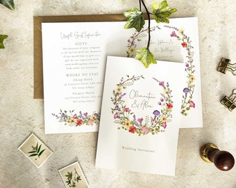 Wildflower Wedding Invitation, Folded invitation and envelopes, Delicate Watercolours