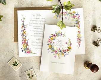 Wildflower Wedding Invitation, Folded invitation and envelopes