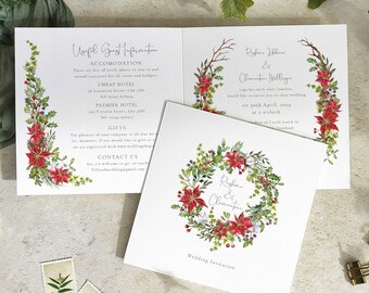 Winter Christmas Wedding Invitation, Folded square invite and envelopes