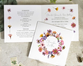 Pressed Flowers Wedding Invitation, Folded square invite and envelopes