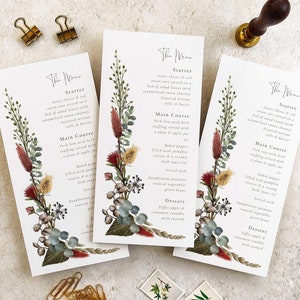 Menú de boda con flores secas, tarjetas planas de una o dos caras