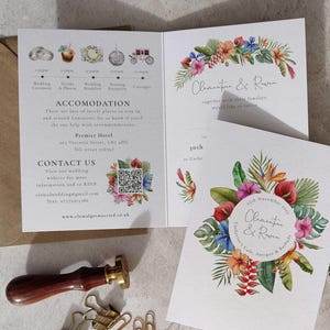 Tropical Wedding Invitation SAMPLE, Folded invitation and envelopes, Rain forest Watercolors