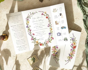 Wildflower Watercolours Wedding Invitation, Folded gatefold Invitation & envelopes