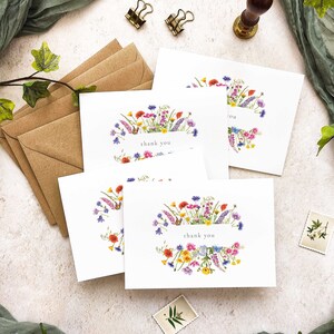 Wildflower watercolor floral folded thank you cards and envelopes for weddings, events and general thank you cards.
