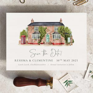 Watercolour Venue Painting Save the Date card and envelopes SAMPLE CARD. Fully personalised, bespoke,  printed luxury wedding cards.