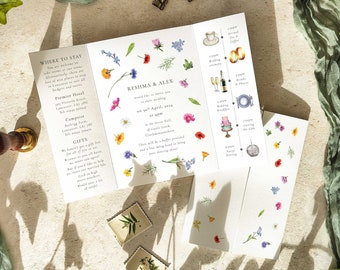 Wildflower Wedding Invitation, Scattered Flowers,  Folded gatefold Invitation & envelopes