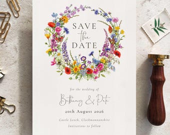 Wildflower Watercolor Save the Date Card: Wedding Stationery Sample