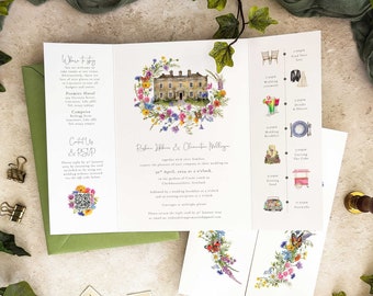 Wildflower Floral Wedding Invitation, A5 Folded Gate Fold invite with wedding timeline and optional venue painting