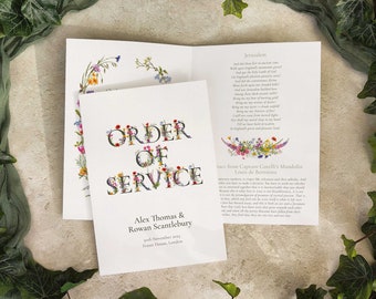 Printable Digital File, Summer Meadow Wildflowers, Template Design, Order of Service Folded Card, Wedding Program