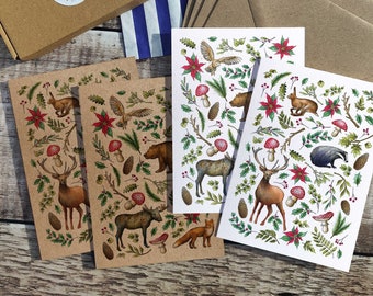 Christmas Animals Card Set, 4/8/12 x Blank Note Cards & Envelopes, Cottagecore, Woodland, Winter cards