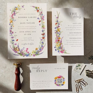 Printable Digital File, Wildflower Meadow Wedding Invitation Set with RSVP card & Information card