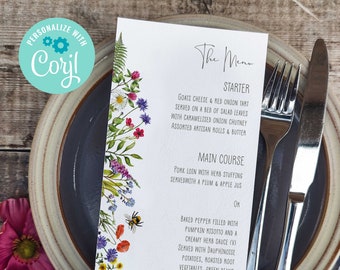 Printable Digital File, Wildflowers Wedding Template Design, Wedding Menu Card