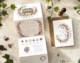 Wildflower Wedding Invitation, Folding concertina invite with wedding timeline