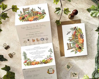 Autumn Woodland Wedding Invitation, Folding concertina invite with wedding timeline