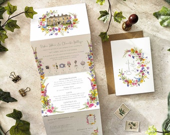 Wildflower Wedding Invitation, Folding concertina invite with wedding timeline & floral border