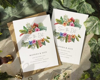 Tropical Flowers Save the Date card and envelopes