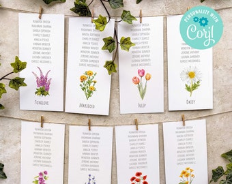 Printable Digital File, Flower Wedding Table Plan Cards, Template Design, 22 Flowers