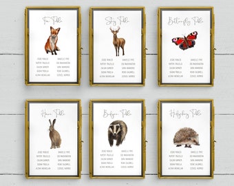 Woodland Animal Wedding Table Plan Cards: Forest Creatures Decor