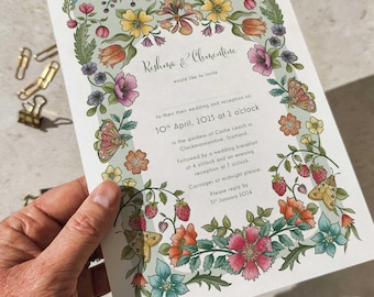 A5 Vintage Floral Wedding Invitation - Folk Style Botanicals & Custom Timeline