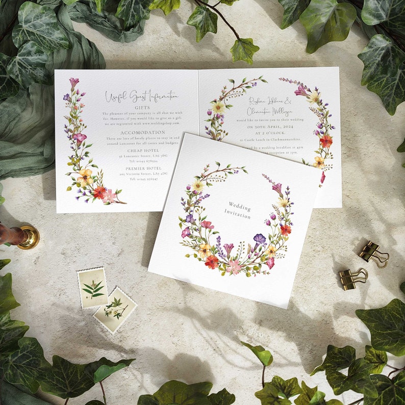 Image shows a wildflower wedding invitation with guest information printed to the inside and back and delicate, pretty watercolour paintings of wildflowers and grasses.