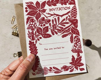 Linocut Autumn Winter Woodland blank invitations & envelopes | 3 Colour choices | Double Sided
