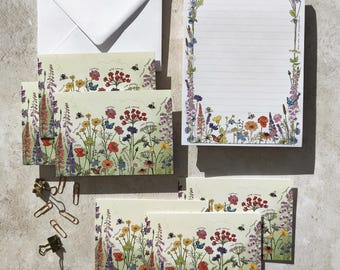 Schreibwarenset „Cottage Garden Wildflower“, bestehend aus einem A5-Notizblock, 6 Klappkarten und Umschlägen