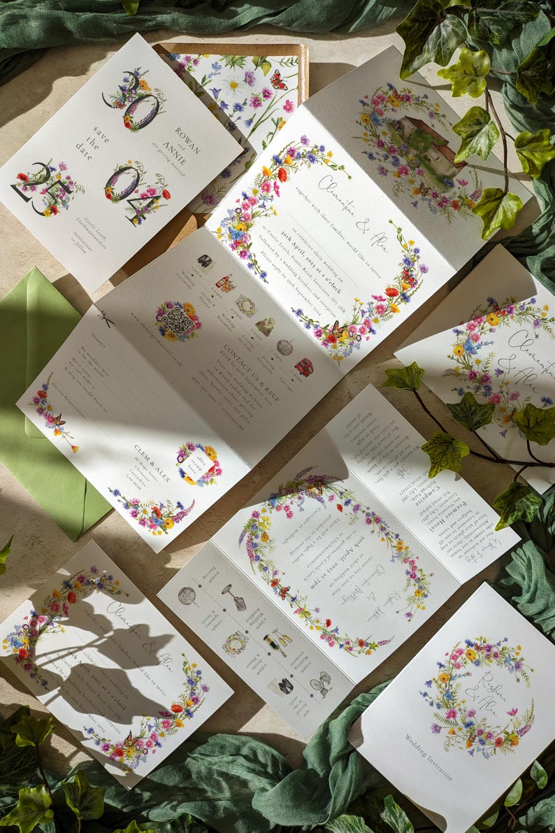 Wildflower watercolor floral folded thank you cards and envelopes for weddings, events and general thank you cards.
