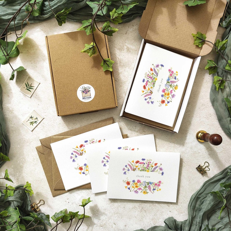 Wildflower watercolor floral folded thank you cards and envelopes for weddings, events and general thank you cards.