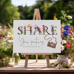 Letrero de cartón para compartir fotos de boda con motivos florales, tamaño A6, A5, A4, personalizado con tu hashtag, sin marcos incluidos.