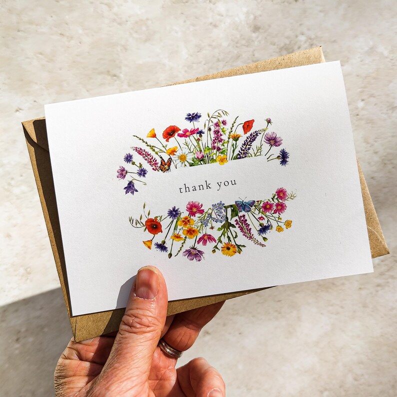 Wildflower watercolor floral folded thank you cards and envelopes for weddings, events and general thank you cards.