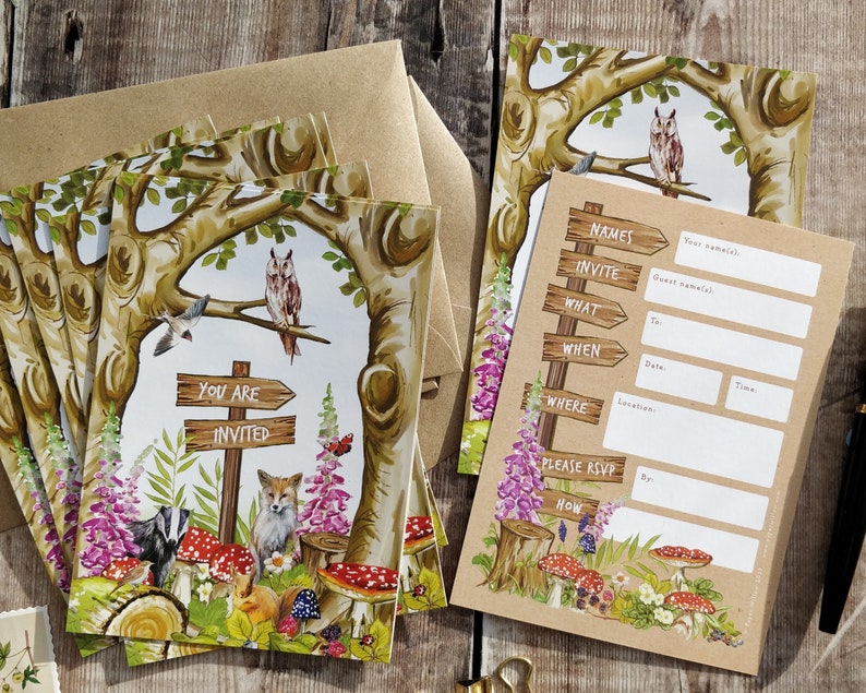 Woodland invitations, Ready to write invites, Rustic Woodland Animals Theme, Cottagecore image 1