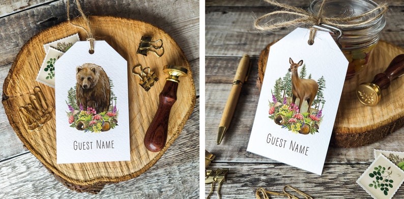 Place Card Luggage Tags, Printed Guest Names, Woodland Forest Animals, 24 animals to choose from, Cottagecore, Rustic, Cute animals image 5