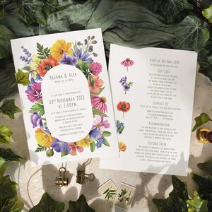 Colourful  Flowers Wedding Invitation, A5 invites & envelopes