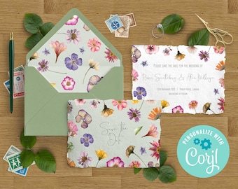 Pressed Flowers Wedding Printable Digital File. Template Design. Save the Date Card. Rustic Print Yourself File