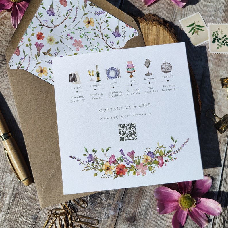 Wildflower Wedding Invitation, Folded square invite and envelopes, Delicate Watercolours image 9