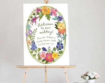 Bright Floral Border Wedding Welcome Sign | Personalized A4, A3, A2, A1 Sizes | Customizable Colors