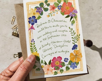10x Bunte florale Hochzeitseinladungen & Umschläge - Handbemaltes Blumendesign